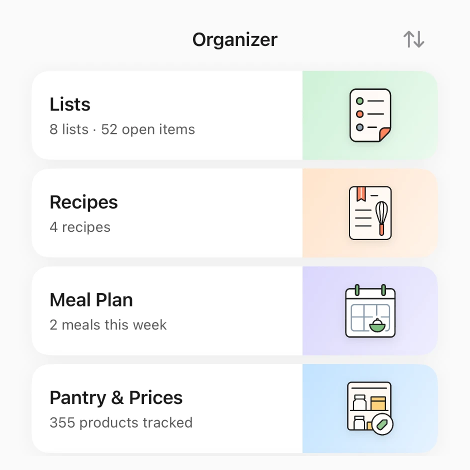 Euno Organizer listing Lists, Recipes, Meal Plan, and Pantry & Prices with 355 products tracked.